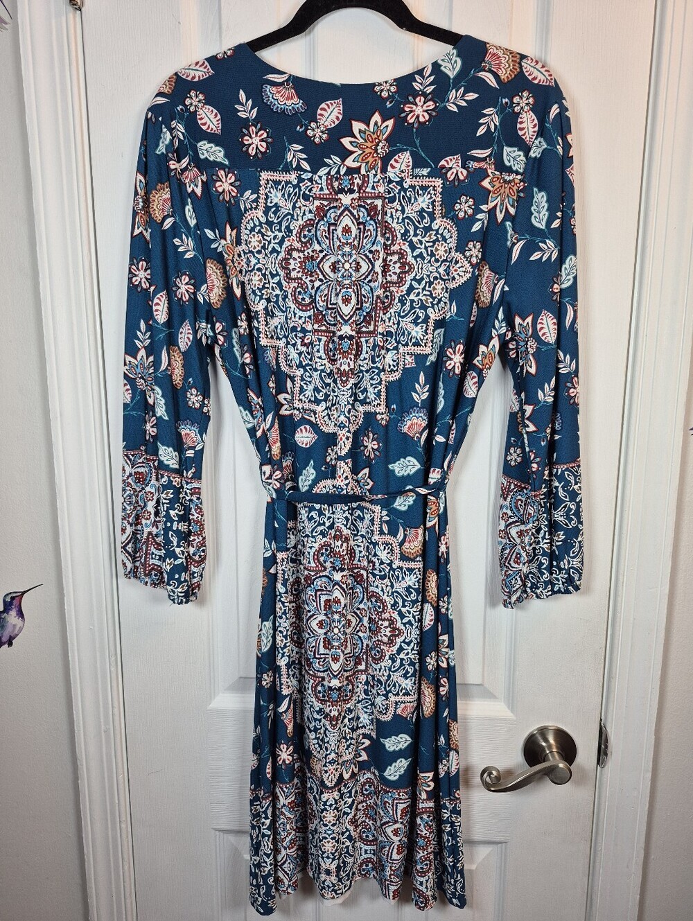 Luxology Teal Boho Mandala Print Faux Wrap Dress XL Coastal Bohemian - Picture 2 of 9